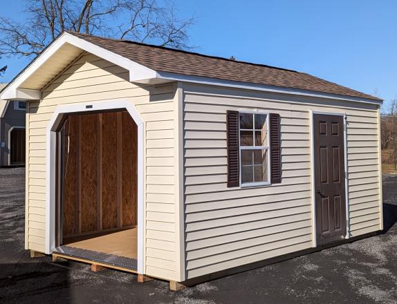 10x16 A-Frame Storage Shed with 6x6 Garage Door Sunny Maize Vinyl Siding 
