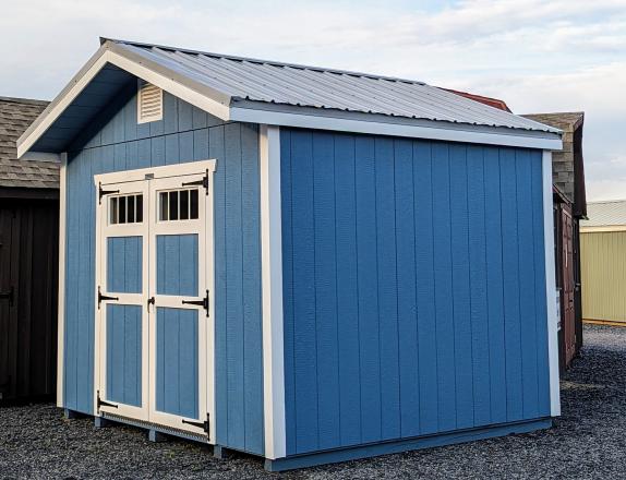 10x10 Peak Shed light blue LP SmartSide siding with White trim and light grey metal roof